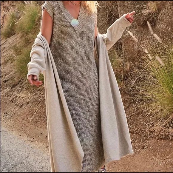 Free People Beach G2G Getaway Midi Dress Size S Brown Tan Sweater Knit - Picture 10 of 10